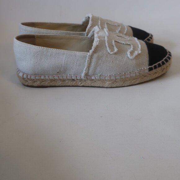 Authentic Womens Chanel Rev Coco Beige Black Linen Flat Espadrille Shoes 38 US/8 - Picture 10 of 14